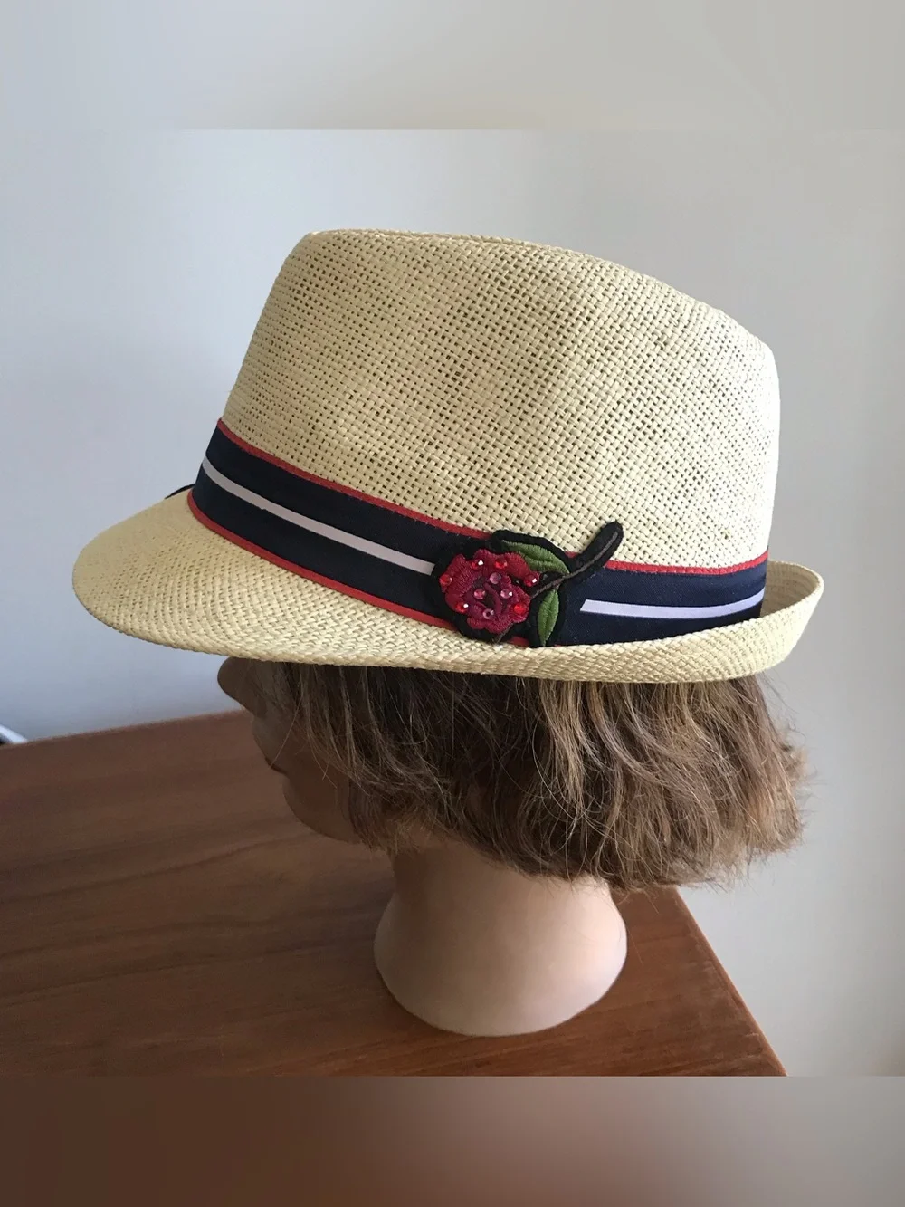 OOAK Upcycled Fedora Hat Jeweled Red Rose Floral Paper Straw Unisex Large 23”